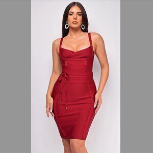EMPRADA Lucila Bandage Bodycon Dress in Red Wine, Size XS